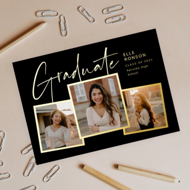 Invitation En Aluminium Moderne Script 3 Photo Collage Gold Graduation (Modern graduate script black and gold photo collage graduation foil invitation.)