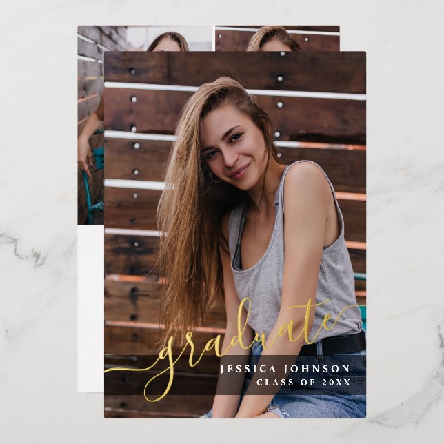 Invitation En Aluminium Moderne Simple 4 PHOTO Graduation Party Gold (Recto/Verso)