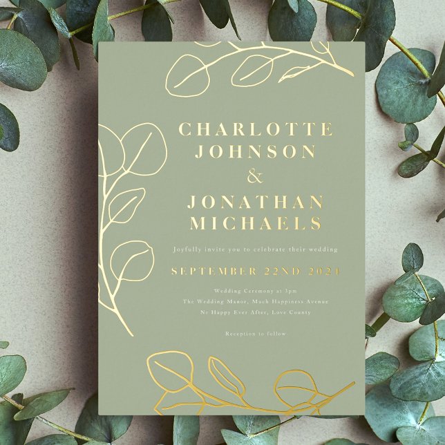Invitation En Aluminium Moderne Simple Feuille Sage Vert et Or (Minimalist leaves Stylish sage green and gold foil wedding invitation )