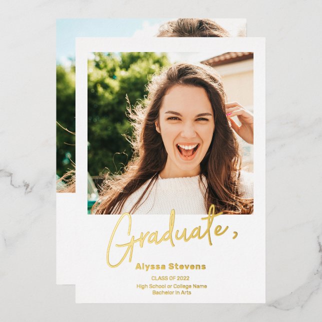 Invitation En Aluminium Moderne simple or blanc 2 photos graduation (Recto/Verso)