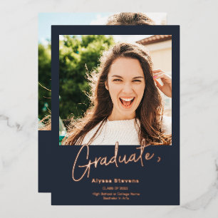 Invitation En Aluminium Moderne simple rose or bleu 2 photos graduation