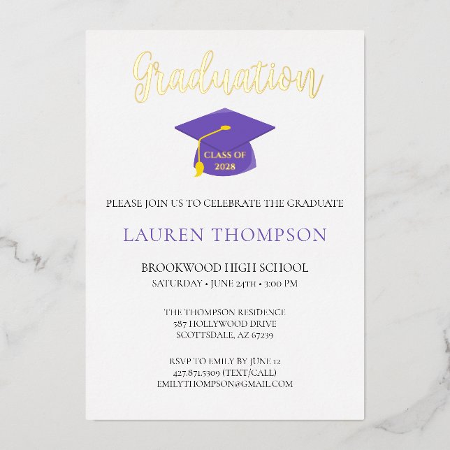 Invitation En Aluminium Moderne Stylish Graduation Photo Purple Gold (Recto)