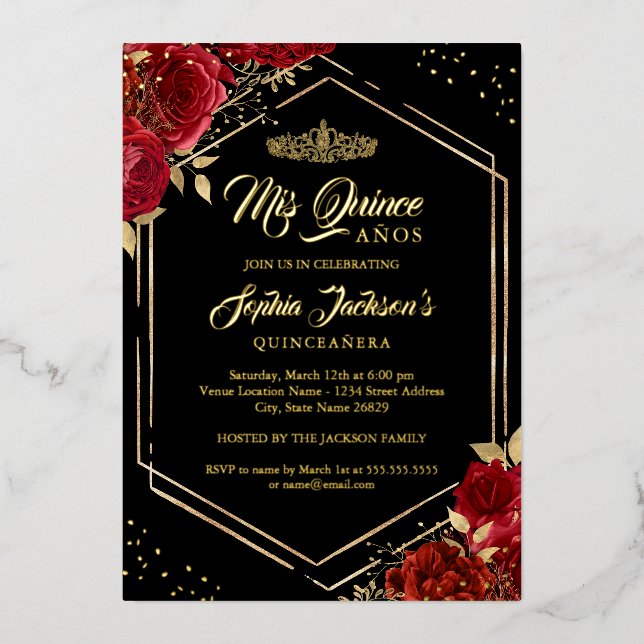 Invitation En Aluminium Moderne Tiara Floral Rouge Or Quinceanera (Recto)