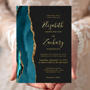Invitation En Aluminium Moderne Turquoise Bleu Or Agate Mariage foncé