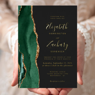 Invitation En Aluminium Moderne Vert Émeraude Or Agate Mariage Sombre