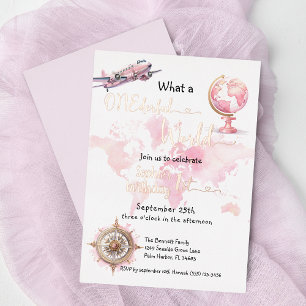 Invitation En Aluminium Monde merveilleux rose voyage fille 1er anniversai