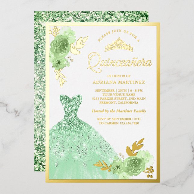 Invitation En Aluminium Monnaie Vert Floral Éperche Robe Quinceanera Or (Recto/Verso)