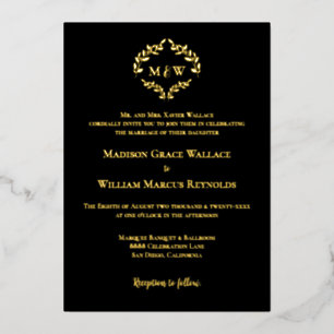 Invitation En Aluminium Monogram Black Gold Luxe Elegant Mariage Crest