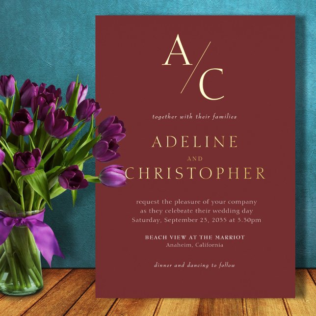 Invitation En Aluminium Monogram Modern Bourgogne Gold (Créateur téléchargé)