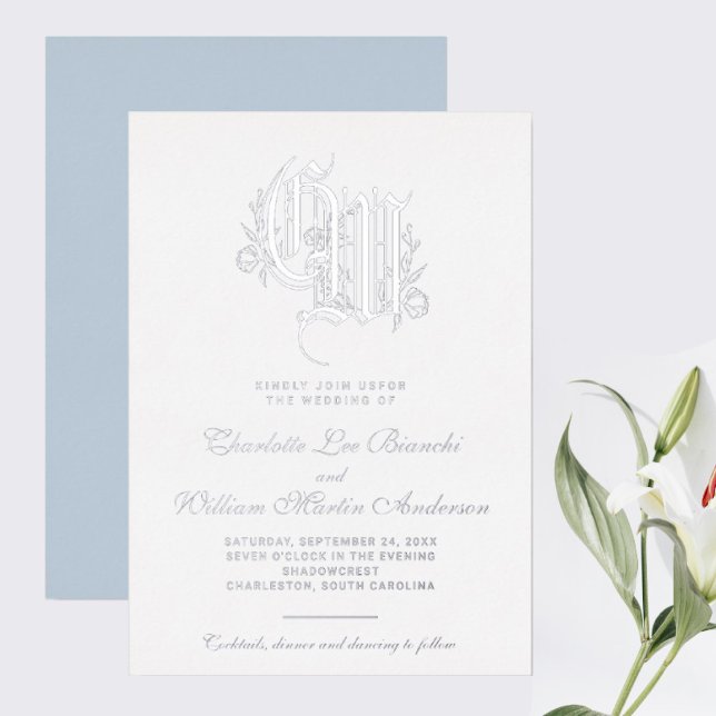 Invitation En Aluminium Monogramme argenté Mariage bleu glace (I wish you happiness!!!)