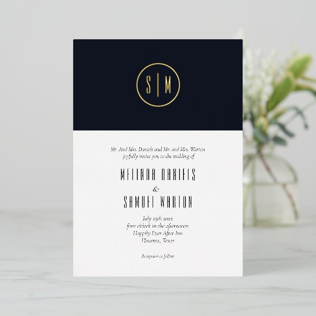 Invitation En Aluminium Monogramme bleu bleu Mariage or (Debout devant)