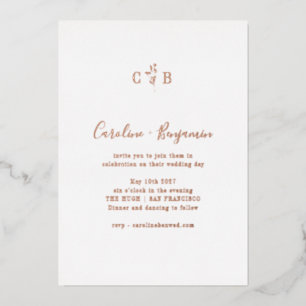 Invitation En Aluminium Monogramme Botanique Simple Mariage Or Rose Bohème