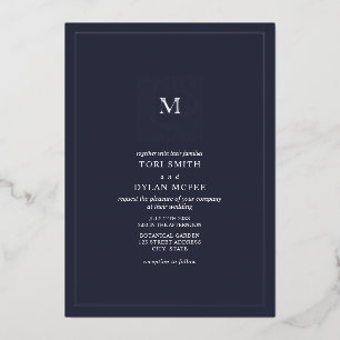 Invitation En Aluminium Monogramme Carré bleu foncé Mariage Foil Invitatio
