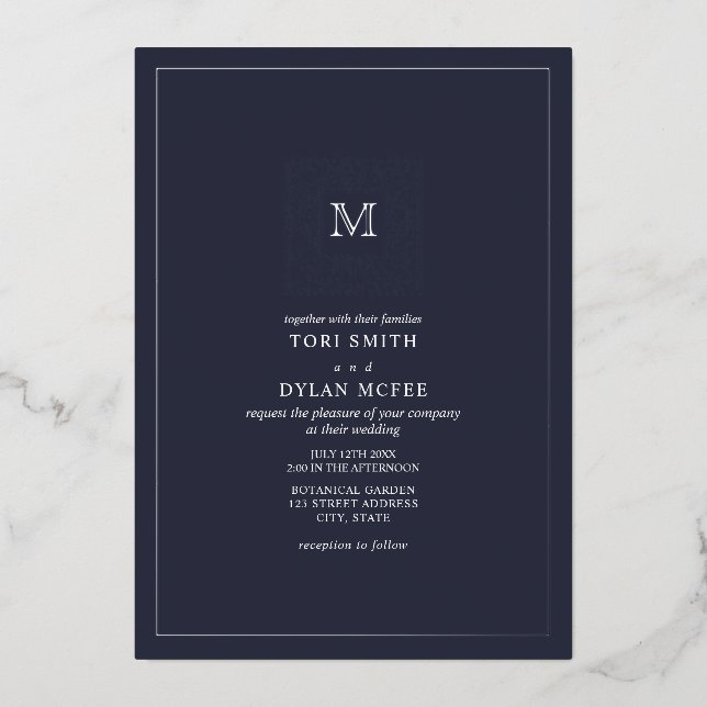 Invitation En Aluminium Monogramme Carré Bleu foncé Mariage Foil Invitatio (Recto)
