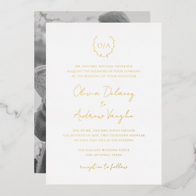 Invitation En Aluminium Monogramme Cimier de couronne Photo Elégant Mariag (Recto/Verso)