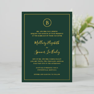 Invitation En Aluminium Monogramme classique Elégant Forêt Vert Mariage Or