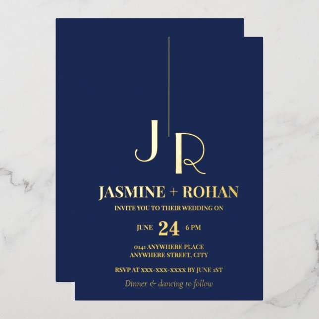 Invitation En Aluminium Monogramme classique marine bleu mariage formel (Recto/Verso)