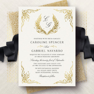 Invitation En Aluminium Monogramme Couronne de Laurier Mariage Élégant