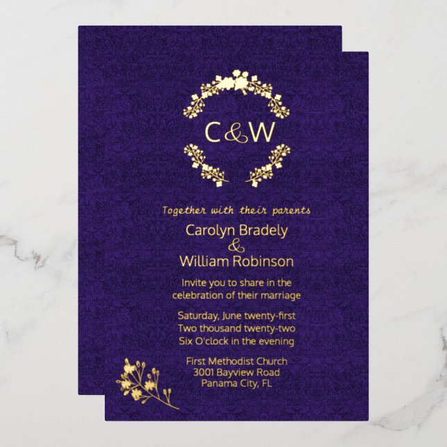 Invitation En Aluminium Monogramme dans Floral Wreath Purple Mariage damas (Recto/Verso)