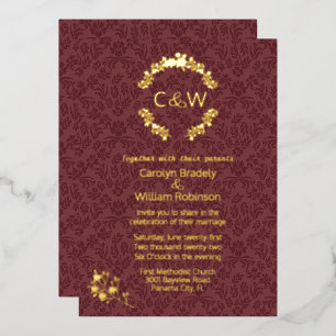 Invitation En Aluminium Monogramme dans une couronne florale damassée de v