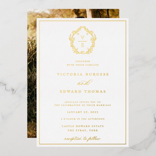 Invitation En Aluminium Monogramme de crête d'or vintage Photo Mariage (Recto/Verso)