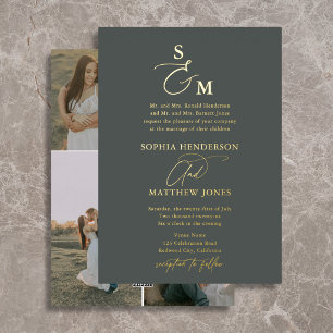 Invitation En Aluminium Monogramme de script élégant formel pour 4 photos 