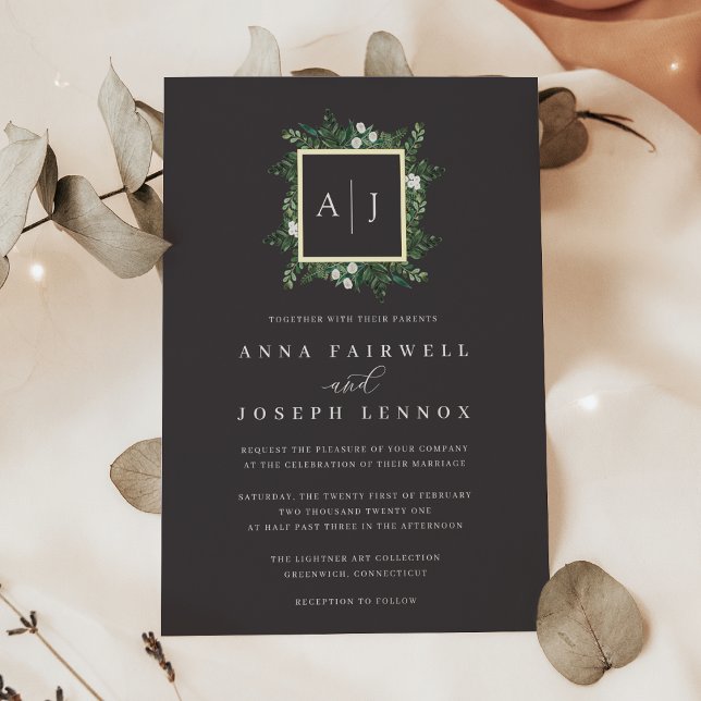 Invitation En Aluminium Monogramme de serre | Mariage botanique vert (Créateur téléchargé)