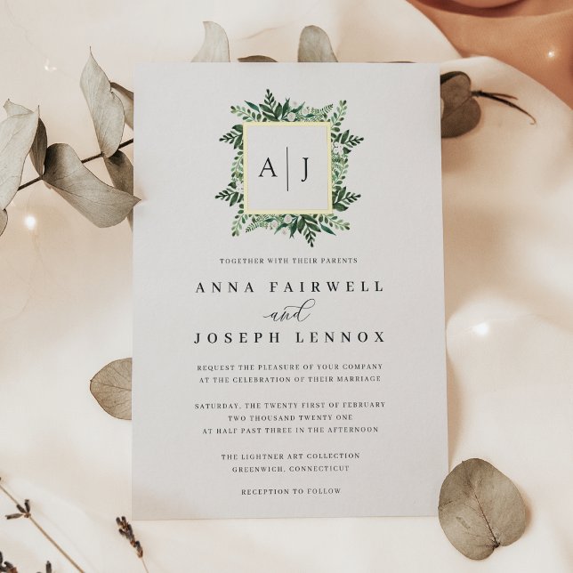 Invitation En Aluminium Monogramme de serre | Mariage botanique vert (Créateur téléchargé)