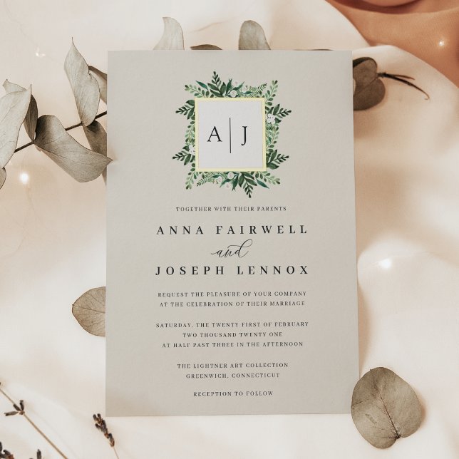Invitation En Aluminium Monogramme de serre | Mariage botanique vert (Créateur téléchargé)