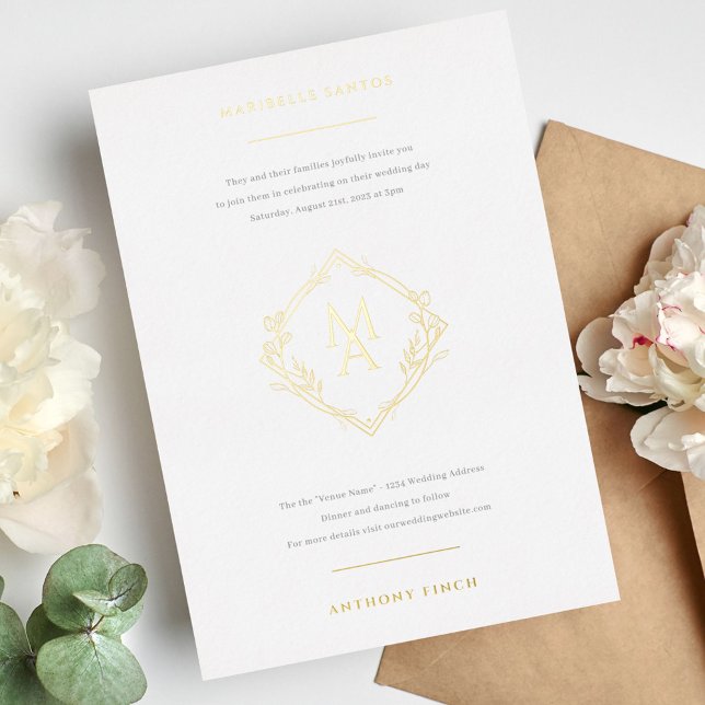 Invitation En Aluminium Monogramme diamant avec fleurs en Mariage or (Créateur téléchargé)