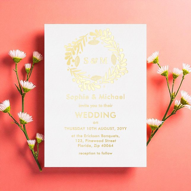 Invitation En Aluminium Monogramme d'or mariage couronne florale (Créateur téléchargé)