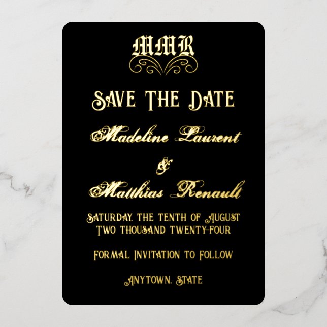 Invitation En Aluminium Monogramme Elegant Black and Gold Enregistrer la d (Recto)