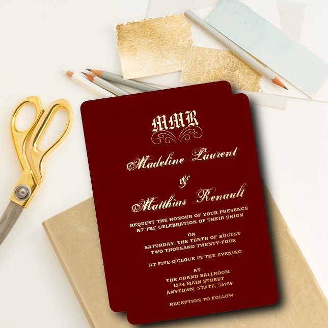 Invitation En Aluminium Monogramme Elegant rouge et Mariage or (Créateur téléchargé)