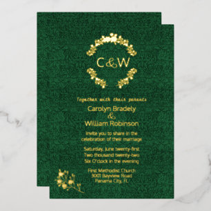 Invitation En Aluminium Monogramme en Mariage damassé vert de couronne fle