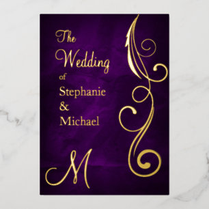 Invitation En Aluminium Monogramme et volute sur or foil mariage violet