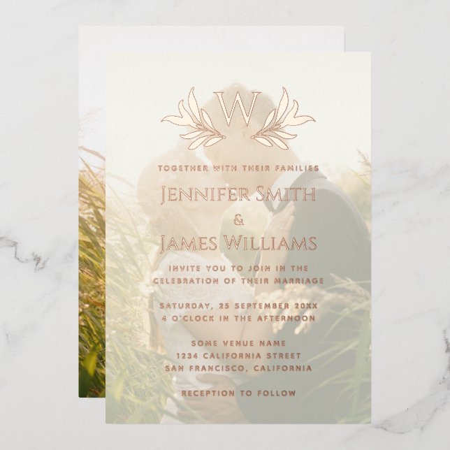 Invitation En Aluminium Monogramme Feuilles Photo transparente Mariage élé (Recto/Verso)