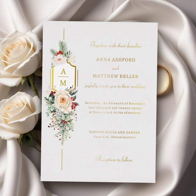 Invitation En Aluminium Monogramme floral de Noël tout simplement élégant (Créateur téléchargé)