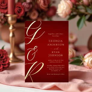 Invitation En Aluminium Monogramme Géant Rouge Cramoisi Or Mariage