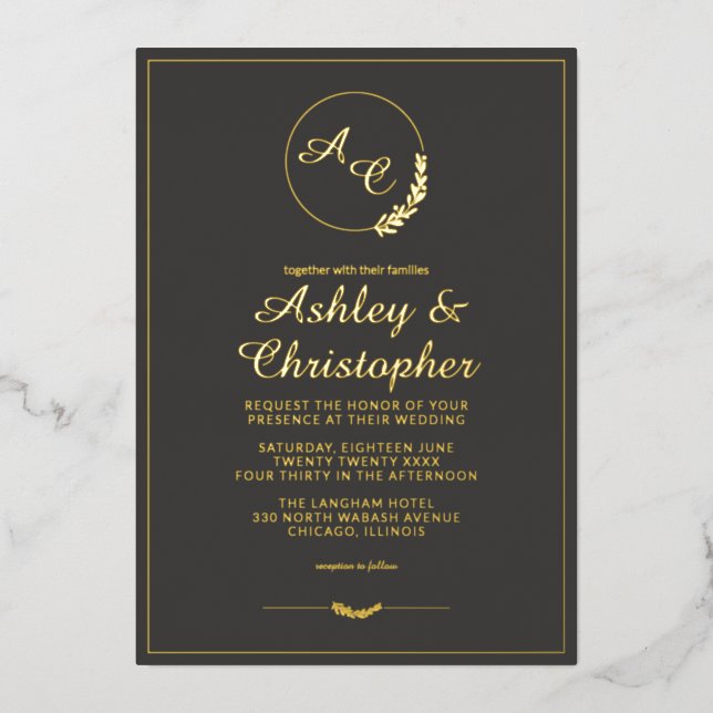 Invitation En Aluminium Monogramme gris ardoise moderne Mariage photo Or (Recto)
