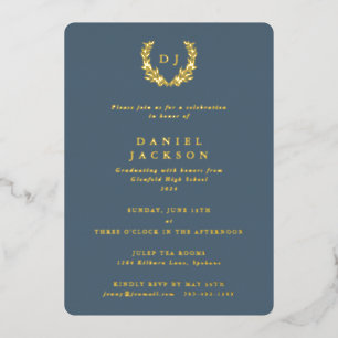 Invitation En Aluminium Monogramme gris-bleu + Laurel Wreath Graduation