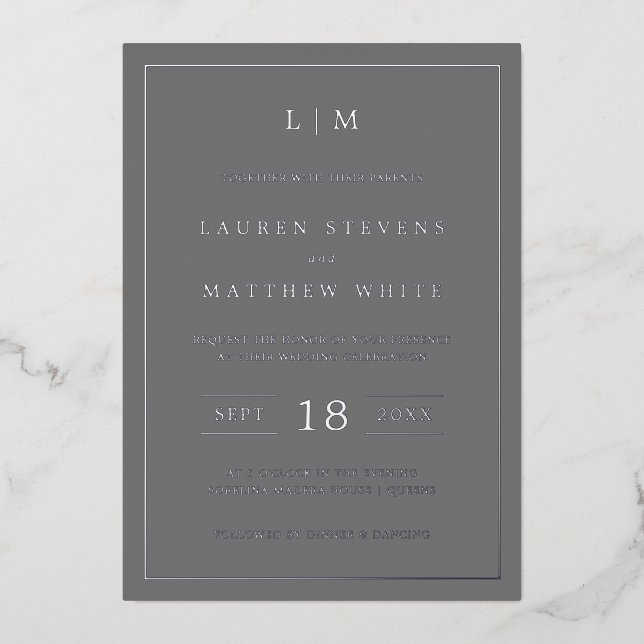 Invitation En Aluminium Monogramme gris foncé simple Mariage élégant (Recto)