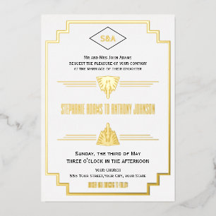 Invitation En Aluminium Monogramme Mariage Art déco noir, or et blanc