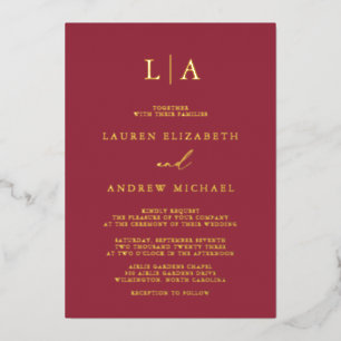 Invitation En Aluminium Monogramme minimaliste à huile rouge et or Mariage