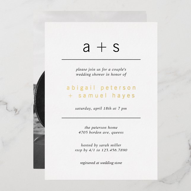Invitation En Aluminium Monogramme minimaliste Wedding shower photo or (Recto/Verso)