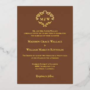 Invitation En Aluminium Monogramme Mocha Marron Or Luxe Elégant Blason