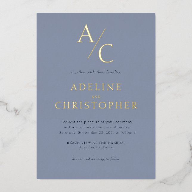 Invitation En Aluminium Monogramme moderne Dusty Blue Gold (Recto)