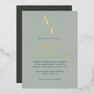 Invitation En Aluminium Monogramme Moderne Sage Vert Or