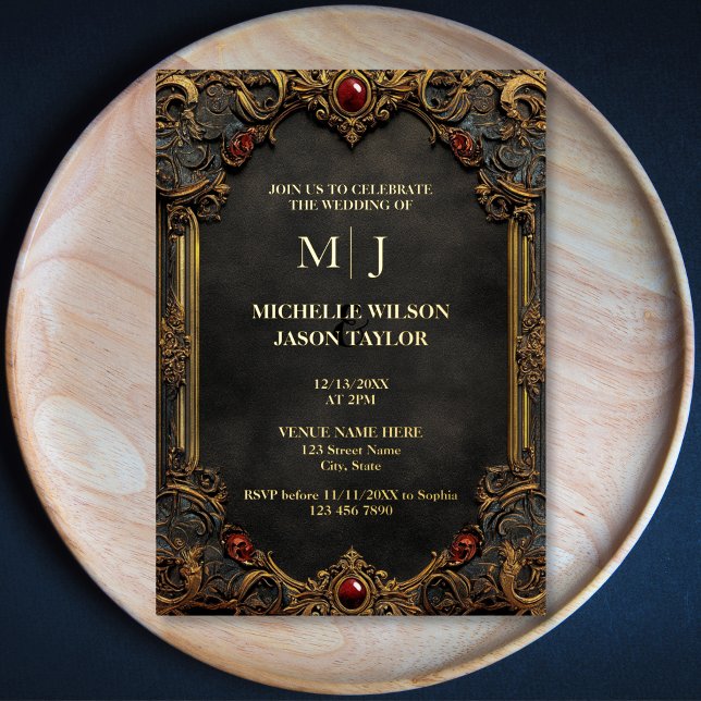 Invitation En Aluminium Monogramme moderne Tarot gothique noir et or (Créateur téléchargé)