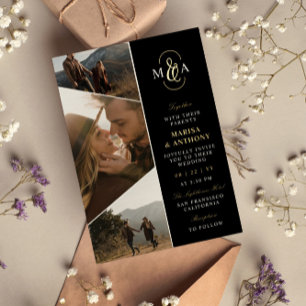 Invitation En Aluminium Monogramme noir élégant Mariage de photos asymétri
