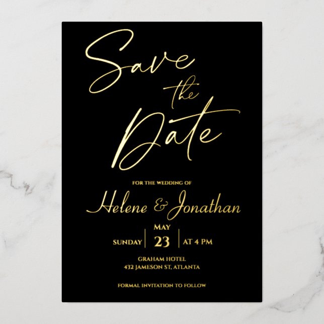 Invitation En Aluminium Monogramme Noir Fond Or Économisez La Date Invitat (Recto)